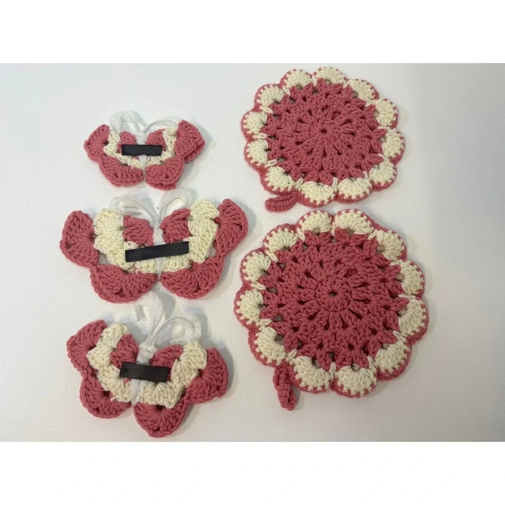 VTG Lot 5 Crochet Doily Doilies Butterfly‎ Magnets Pink Cottage Core Handmade